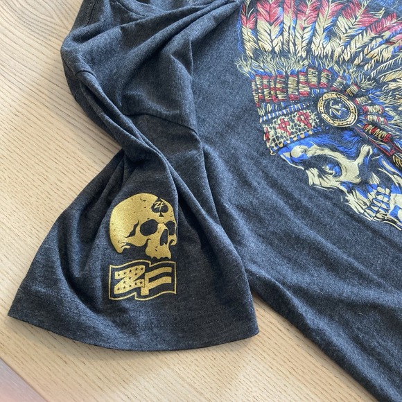 Zero Foxtrot USA Mens XL Graphic Grey Crew Neck Tee Indian Skull Warchief - Picture 5 of 8